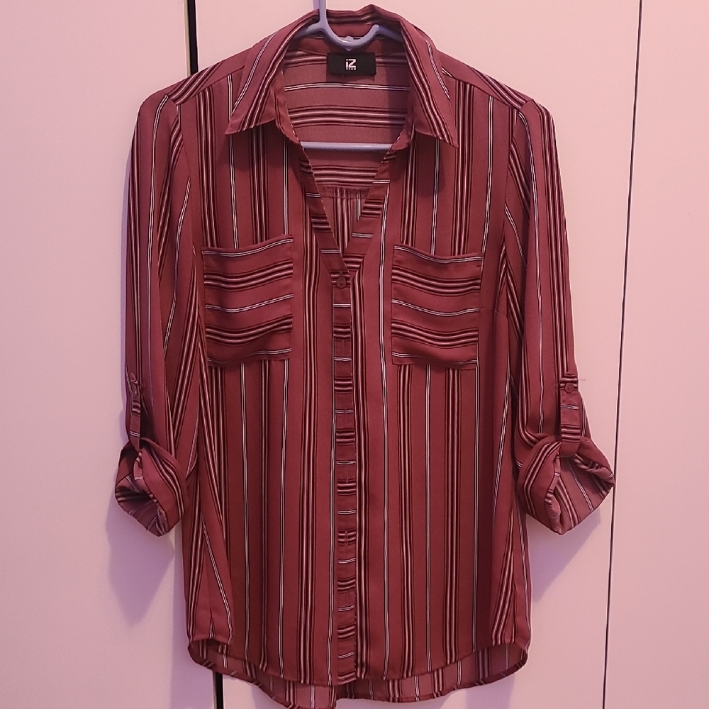 Iz Byer Burgundy and White Striped Shirt